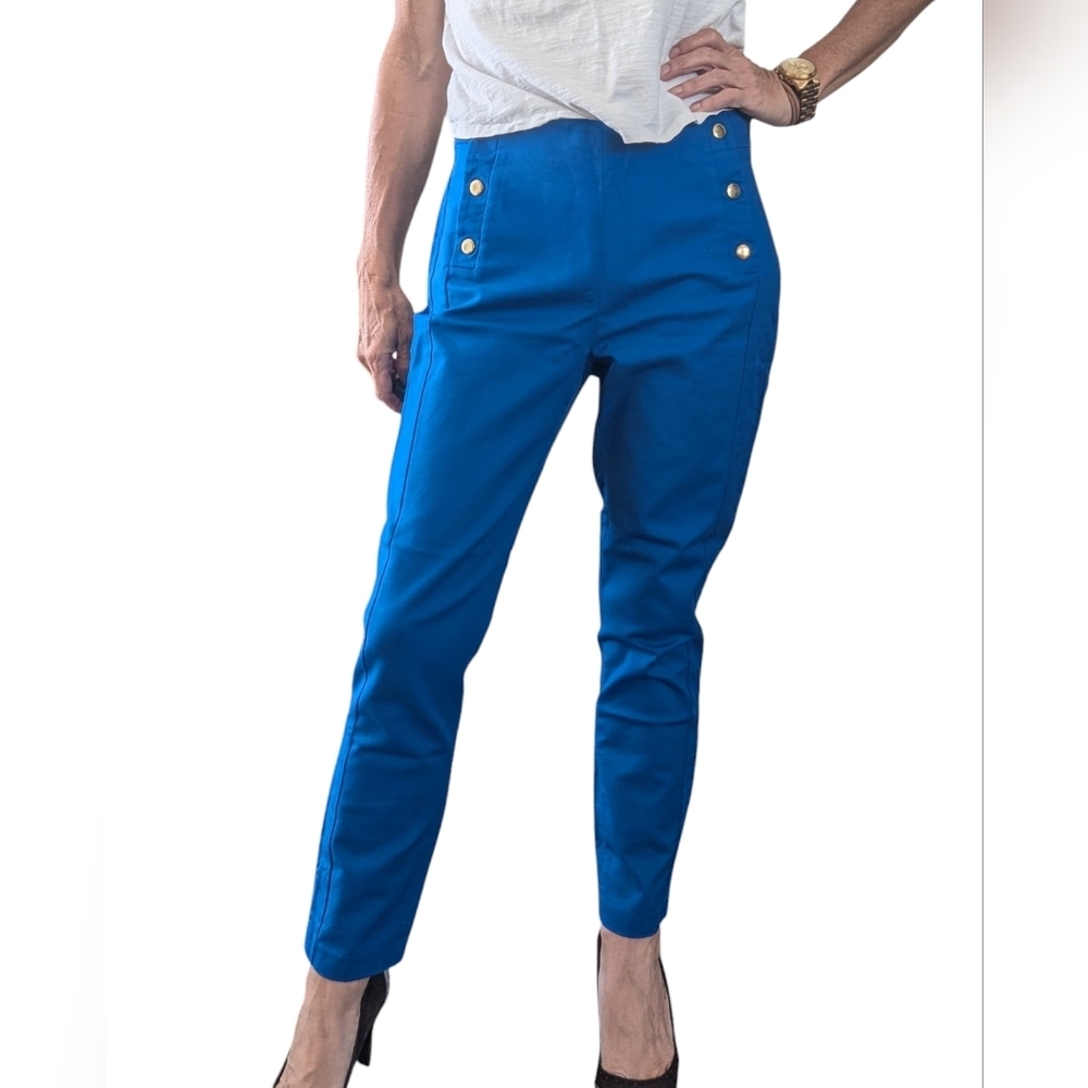 Zara Basic Women's Nautical Tapered Leg Cotton Blue Sailor Pants Gold Buttons 6